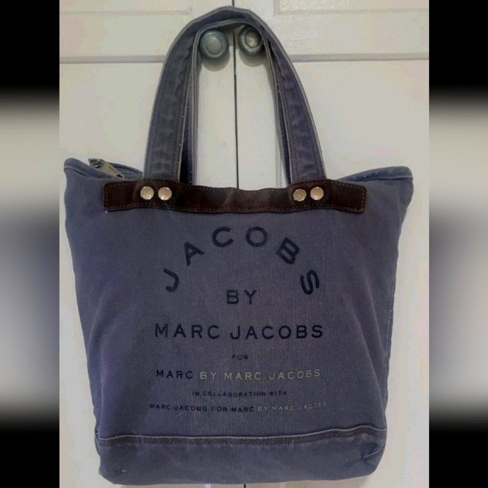 Jacobs by Marc Jacobs Gray Distressed Canvas Logo Tote, Zip Top, Silver Hardware